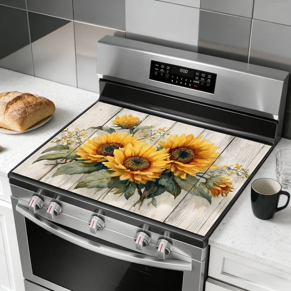 Stove Top Cover for Electric Stove, 28"x20" Heat Resistant Anti-Slip Glass Cooktop Protector Mat, Foldable Roll Up Stove Cover for Kitchen Counter Space, Dish Drying Mat, Sunflower
