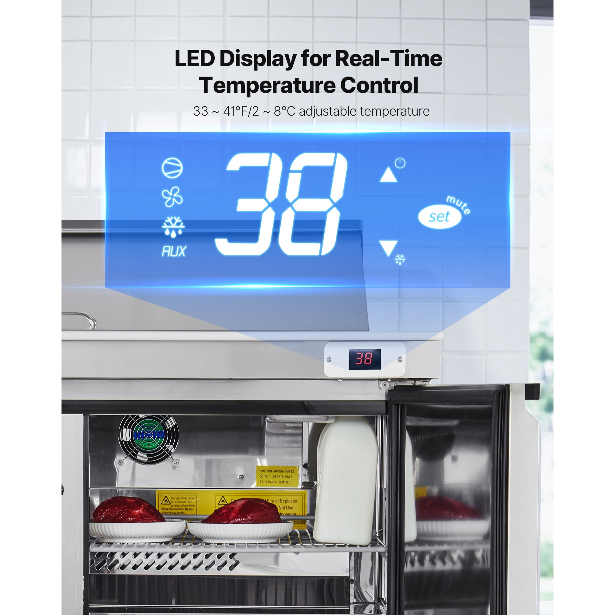 KFFKFF 48"W Commercial Refrigerator, 12.5 Cu. Ft Sandwich Prep Table with Refrigerated Storage, Mega Top Food Prep Unit Featuring 18 Pans and Cutting Board, Stainless Steel Salad Prep Cooler