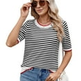 thumbnail image 2 of Womens Summer Short Sleeve Shirts Striped Sweater Cute Casual Top Trendy Women Clothing Crewneck Knit Blouses White & Black XL, 2 of 9