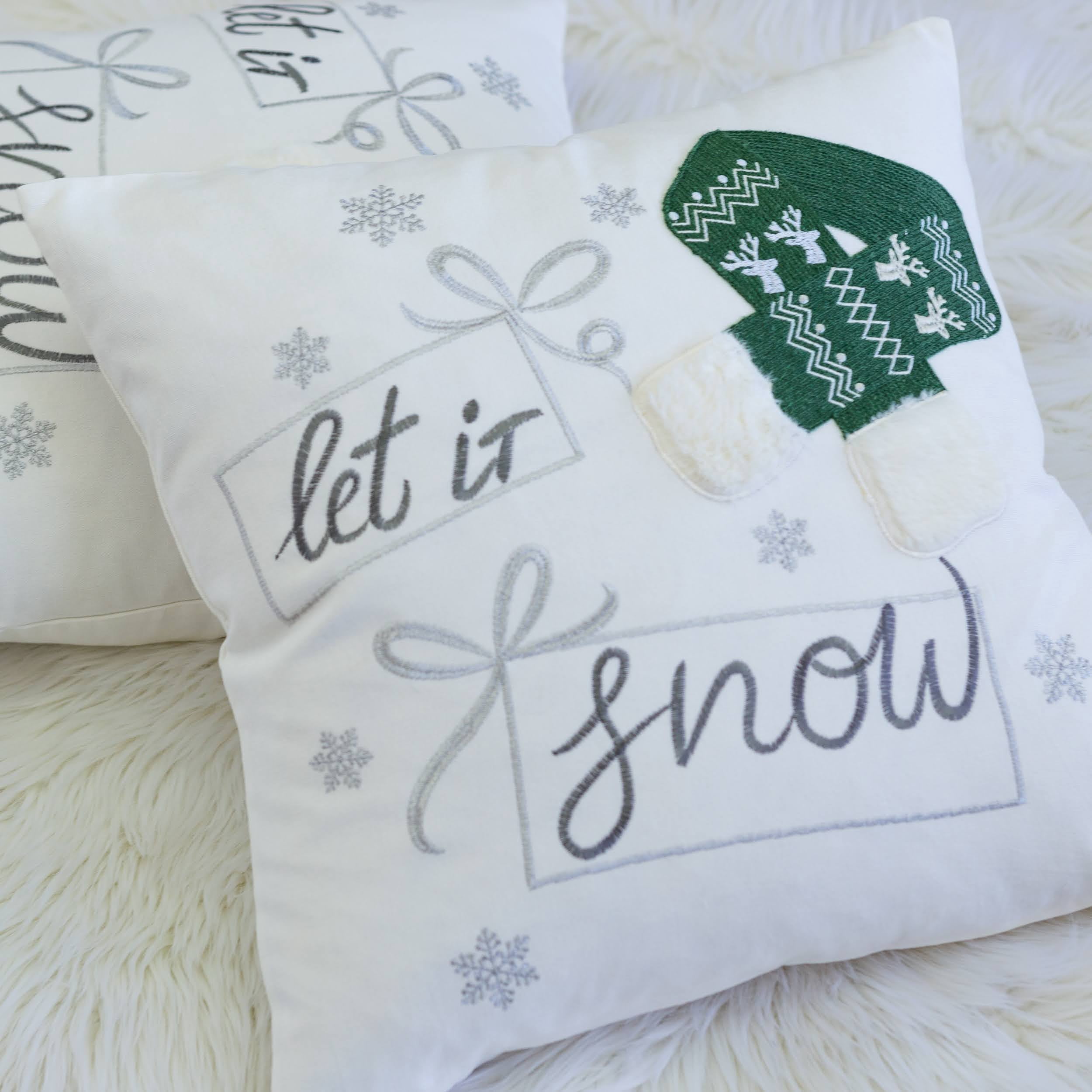 Let It Snow Embroidered Throw Pillow with Green Knit Hat 20x20 Inch Cotton Holiday Decor