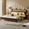 thumbnail image 4 of Bestier King Size Platform Bed Frame with Wood Foldable Bedside Shelves and LED Storage Headboard Charge Station, Walnut, 4 of 9