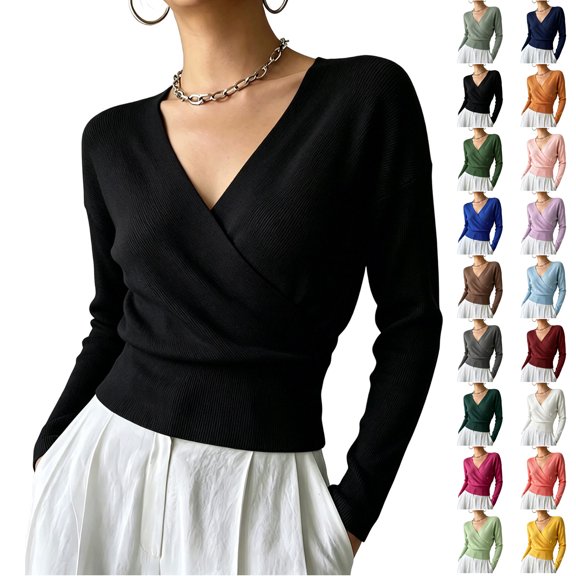 TGSLY Fall Wrap Front Ribbed Knit Tops for Women Lightweight Soft V Neck Long Sleeve Cropped Sweater Dressy Casual Solid Color Slim Waist Blouses S
