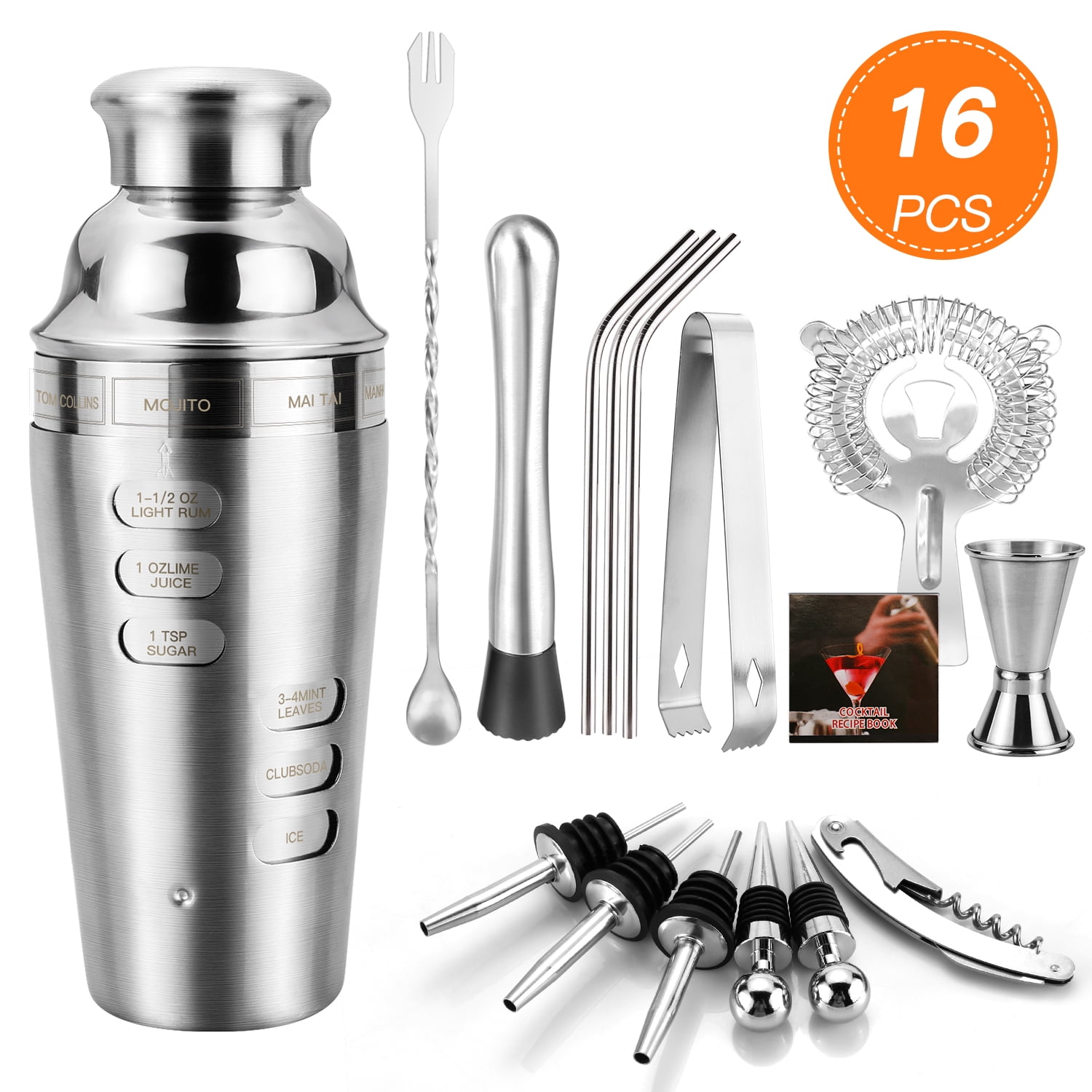 16pc Bartender Cocktail Shaker Set, Stainless Steel Bartender Kit Bar Tool Set