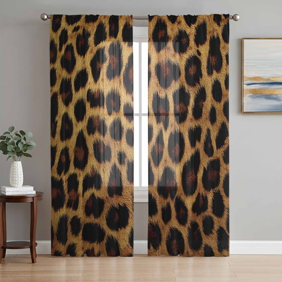 Leopard Sheer Curtains 72 Inch Length 2 Panels Set, Brown Vintage Leopard Print Voile Window Treatment Rod Pocket Curtains Sheers Drapes for Bedroom/Living Room/Kitchen 52"x72"x2
