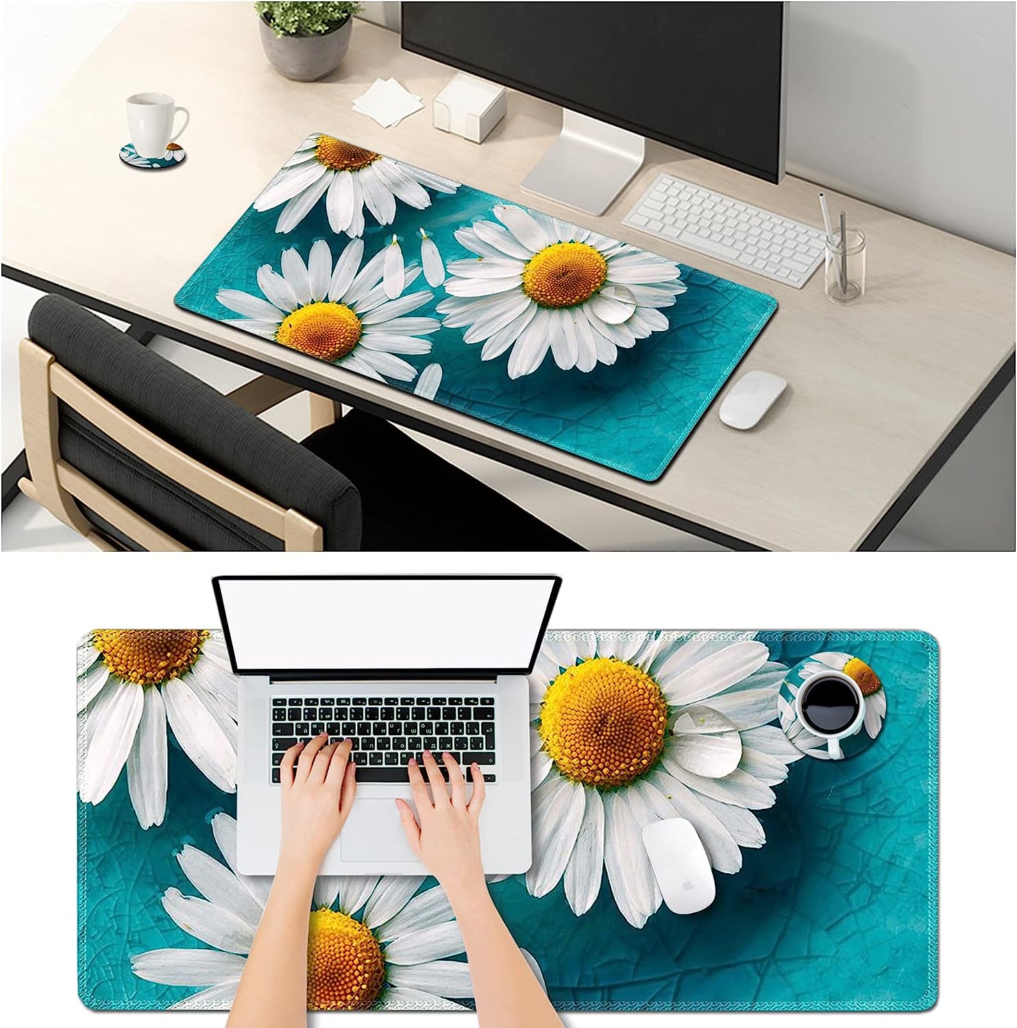 Large Gaming Mouse Pad Extended Desk Pad XL Keyboard Mat Long Mousepad Decor Writing Pad 31.5x11.8inch Non Slip Rubber Base with Stitched Edges for Work, Game -Cute Daisy