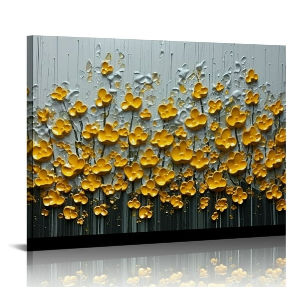 ONETECH 3D Paintings, Modern Abstract Oil Painting Hand Painted On Canvas Abstract Artwork Picture Wall Decoration for living room - Golden White Flowers Wall Art-20x16in