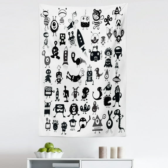 Hipster Tapestry, Cartoon Style Doodles with Space Themes Aliens Spaceships Beasts Abstract Art, Fabric Wall Hanging Decor for Bedroom Living Room Dorm, 5 Sizes, Black White, by Ambesonne