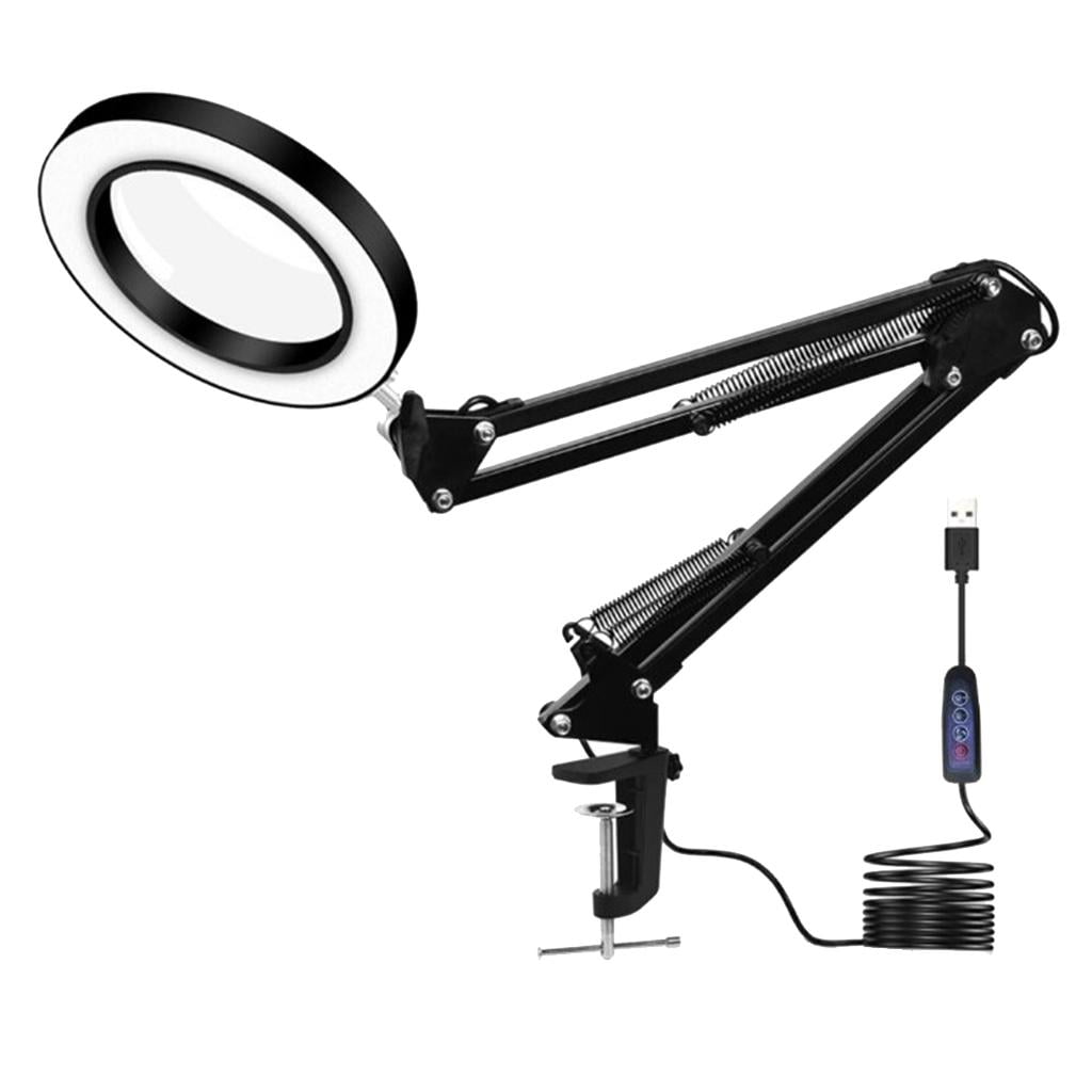LED Magnifying Lamp 5X Magnification with Heavy Duty Metal Swing Arm 3 Color Modes Adjustable Clamp 105mm Diameter Glass Lens Stepless Dimming 