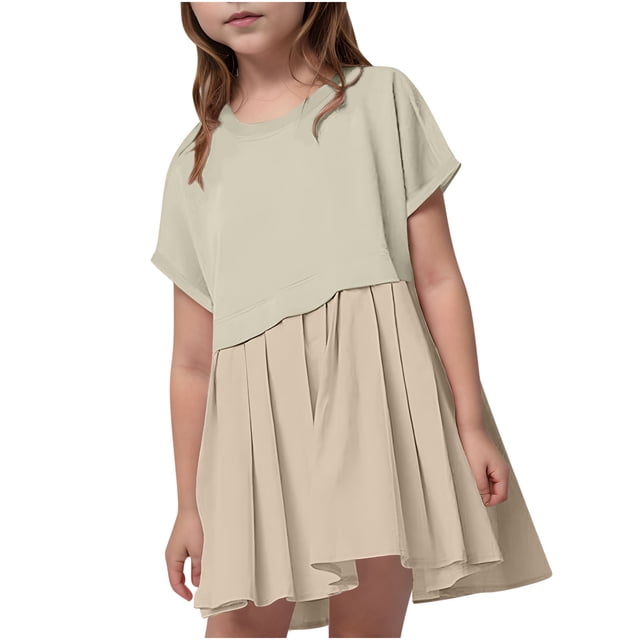 FAIWAD Robe d'Été à Col Rond et Manches Courtes pour Filles, Robe Patchwork Plissée Unie, Mini Robe de Tennis Athlétique