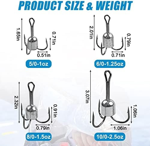 YNGLLC Snagging Hooks Weighted Treble Hooks,5pcs Large Weighted Treble Fishing Hooks Bunker Snag Hooks with Weight for Baitfish Trout Salmon 5/0 6/0 8/0 10/0