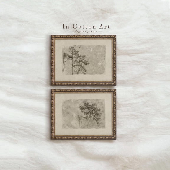 UNFFRAMED Vintage Tree Drawing, Neutral Rustic Sketch Poster, Farmhouse Wall Art Set, D56 Set 2 Prints 8x12