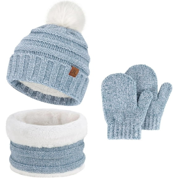 Toddler Kids Winter Warm Knit Beanie Hat Neck Warmer Scarf Gloves Set with Pompom Fleece Gifts for 0-5 Years Old Girls Boys