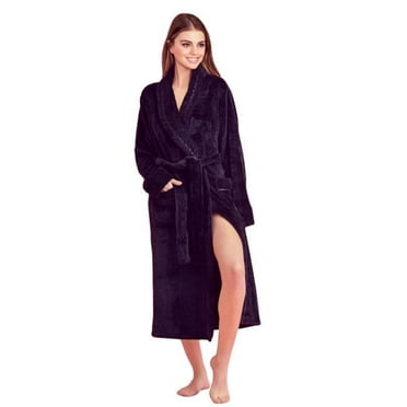 Women Plush Shawl Collar Robe, Fleece Bathrobe, Black - Small & Medium