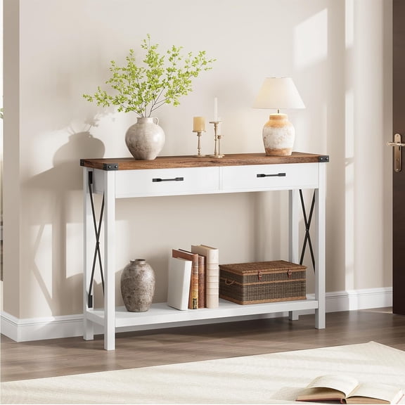 43" Farmhouse Console Table Entryway Table, 2-Tier Wood Sofa Table with Shelf, Behind Couch Table, Console Table with Storage Drawers, for Entryway, Living Room, Hallway, Foyer