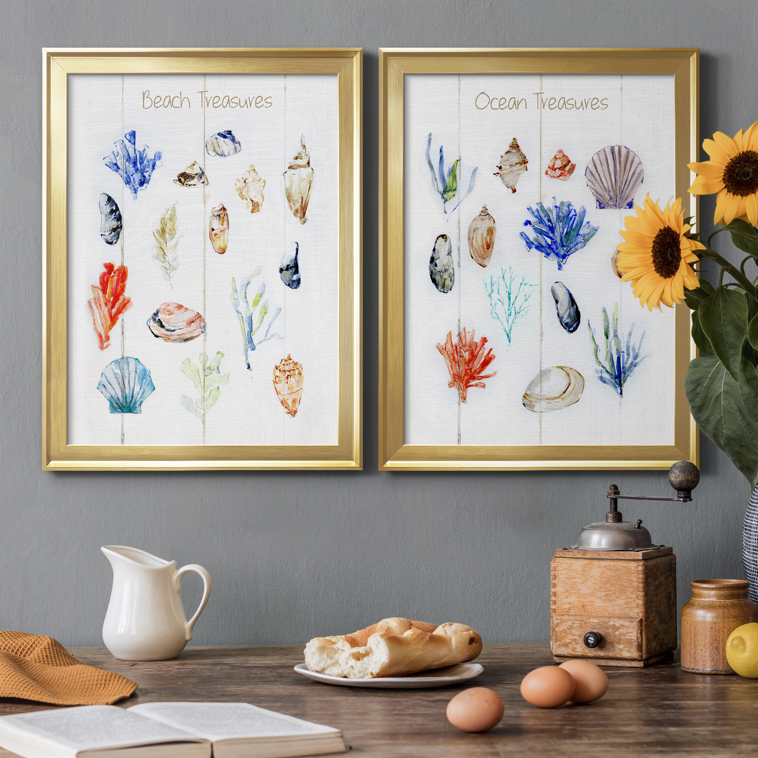 2 Piece Set Beach Treasures Premium Framed Canvas - Ready to Hang - 18.5 x 24.5 Each - Gold Frame