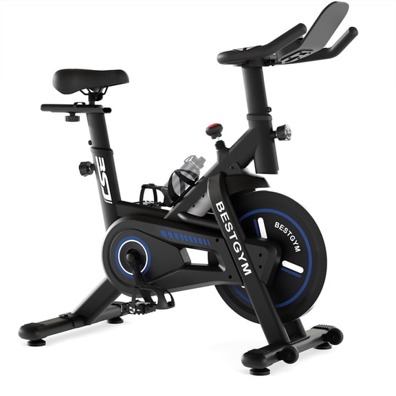 BSJ BESTGYM Exercise Bike, Brake Pad Stationary Bike with App, Low Noise Indoor Cycling Bike with 330lbs Weight Capacity, Tablet Holder,Water Bottle Holder,Adjustable Seat