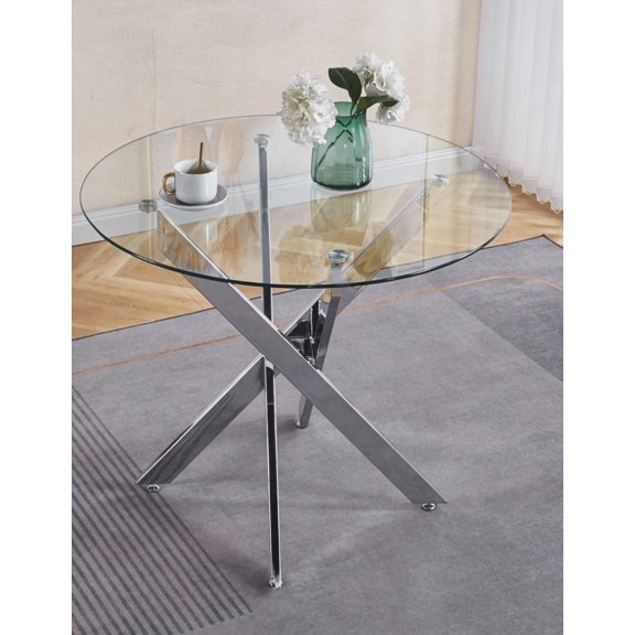 Dining Table featuring cross metal legs and tempered glass, Ideal for Modern Living Rooms with Space Saving Design and Chrome Legs