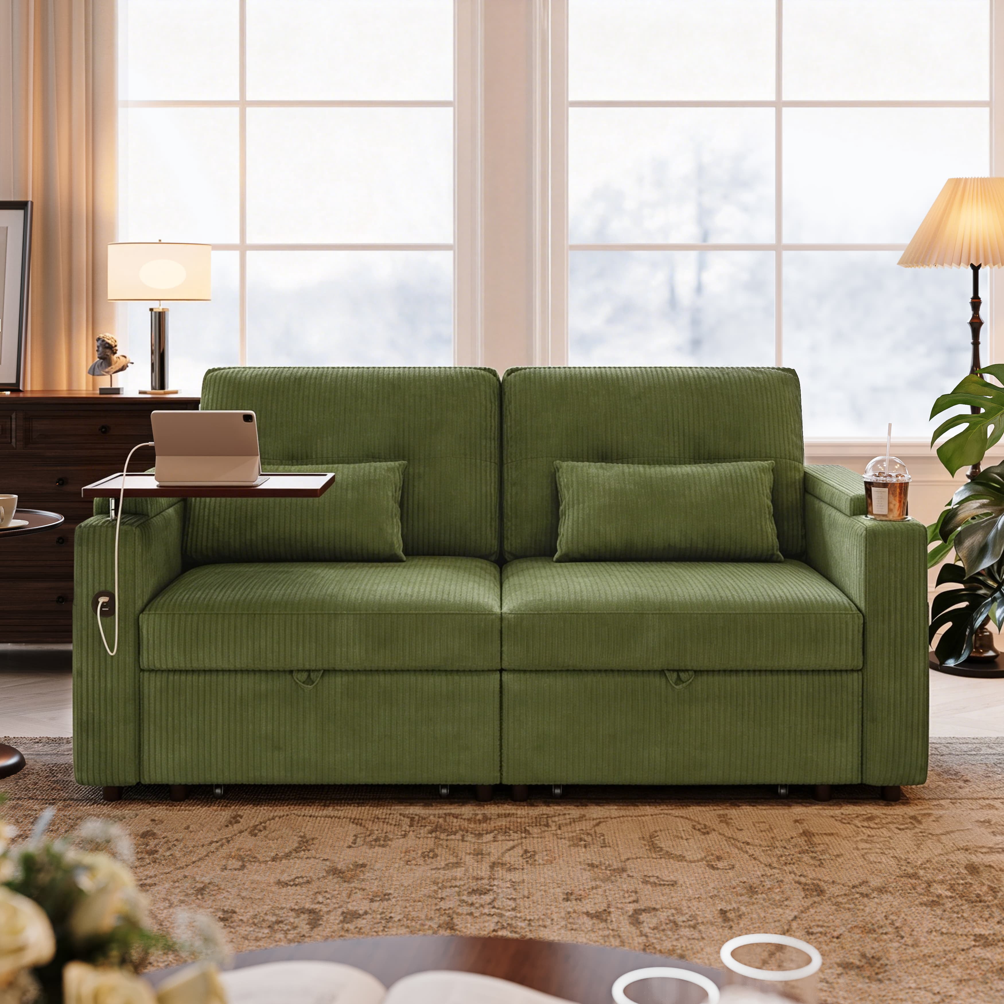 Aukfa 73" 3-in-1 Convertible Sleeper Sofa Bed, Corduroy Pull-Out Couch with 360° Swivel Side Table, USB Ports & Storage Armrests, Oversized Queen, Green