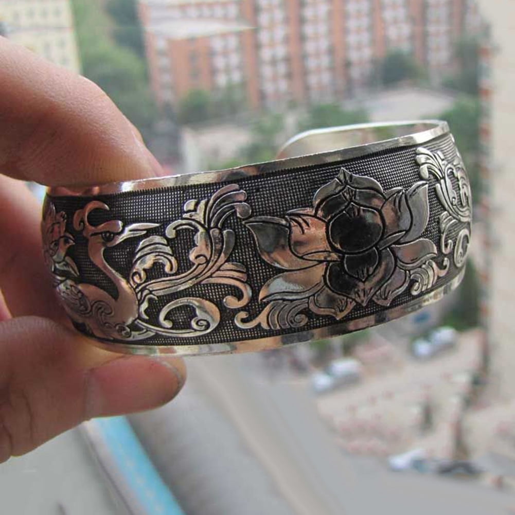 Ayyufe Silver Bangle Bracelets Women Vintage Ethnic Open Tibetan