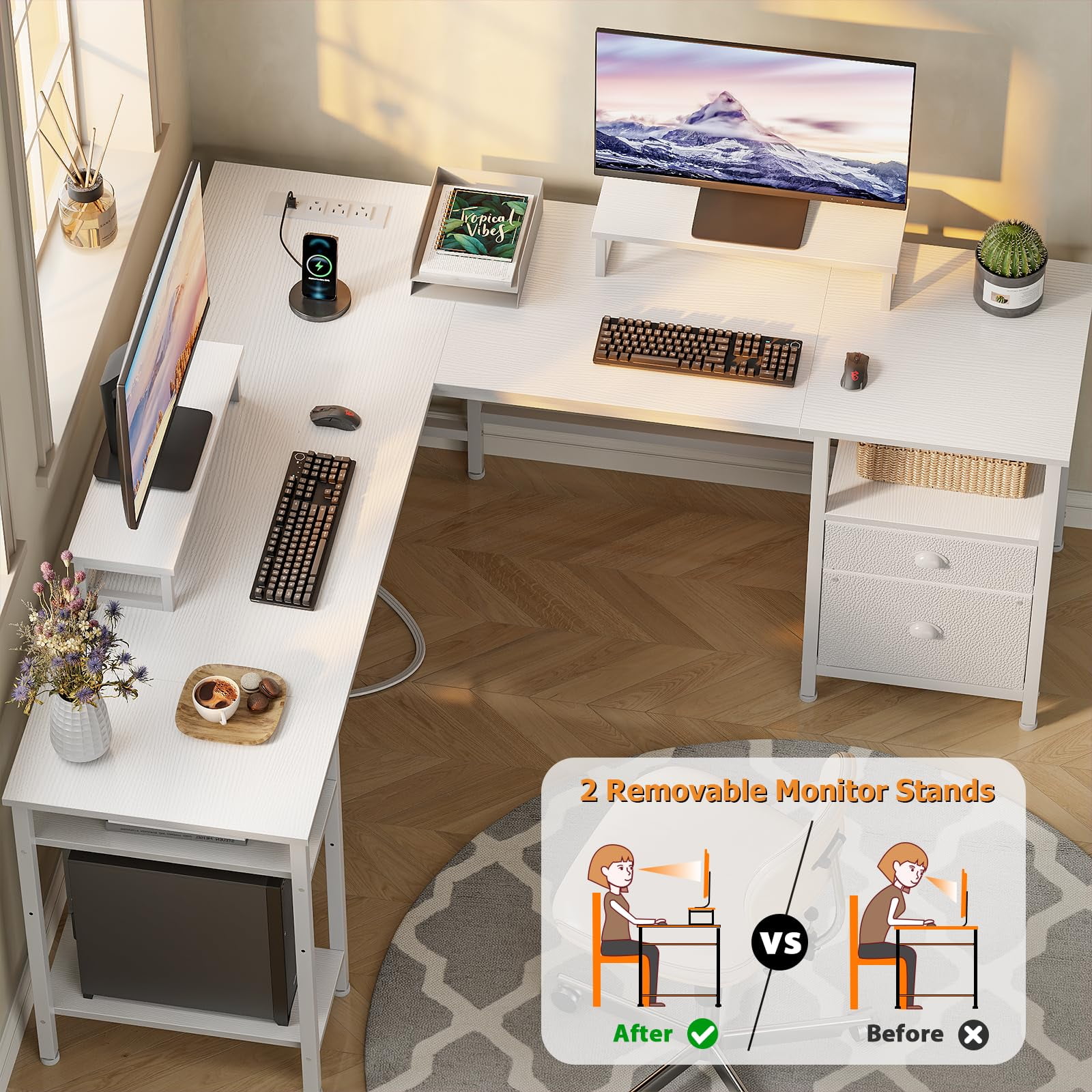 Furologee White 59” L Shaped Desk with Power Outlet, Reversible Computer Desk with File Drawer & 2 Monitor Stands, Corner Home Office Table with Storage Shelves for Gaming Writing