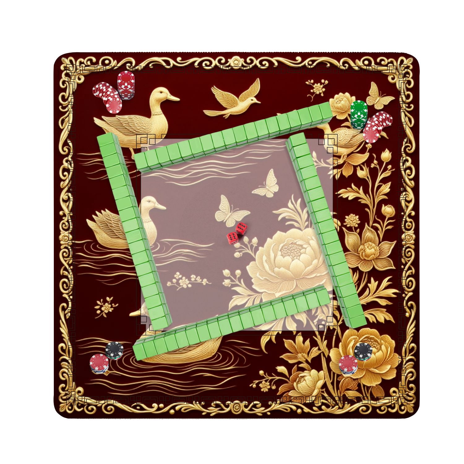 Mahjong Mat 31.5" x 31.5" Golden Ducks Peonies Butterflies Burgundy Non-Slip Noise Reduction American Mahjong Tiles Table Cover for Dominoes Poker Card Board Games Gift