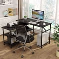thumbnail image 2 of TribeSigns Modern L-Shaped Desk with Storage Shelves, 360° Rotating Desk Corner Computer Desk Study Writing Table Workstation with Open Shelves for Home Office, High Glossy Finish (Black), 2 of 7
