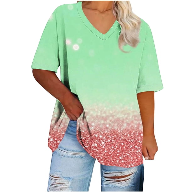 Tamaño Más Manga Corta Tops para la Impresión de Cuello en V de las Mujeres, Color Sólido Base de Verano Camiseta Casual