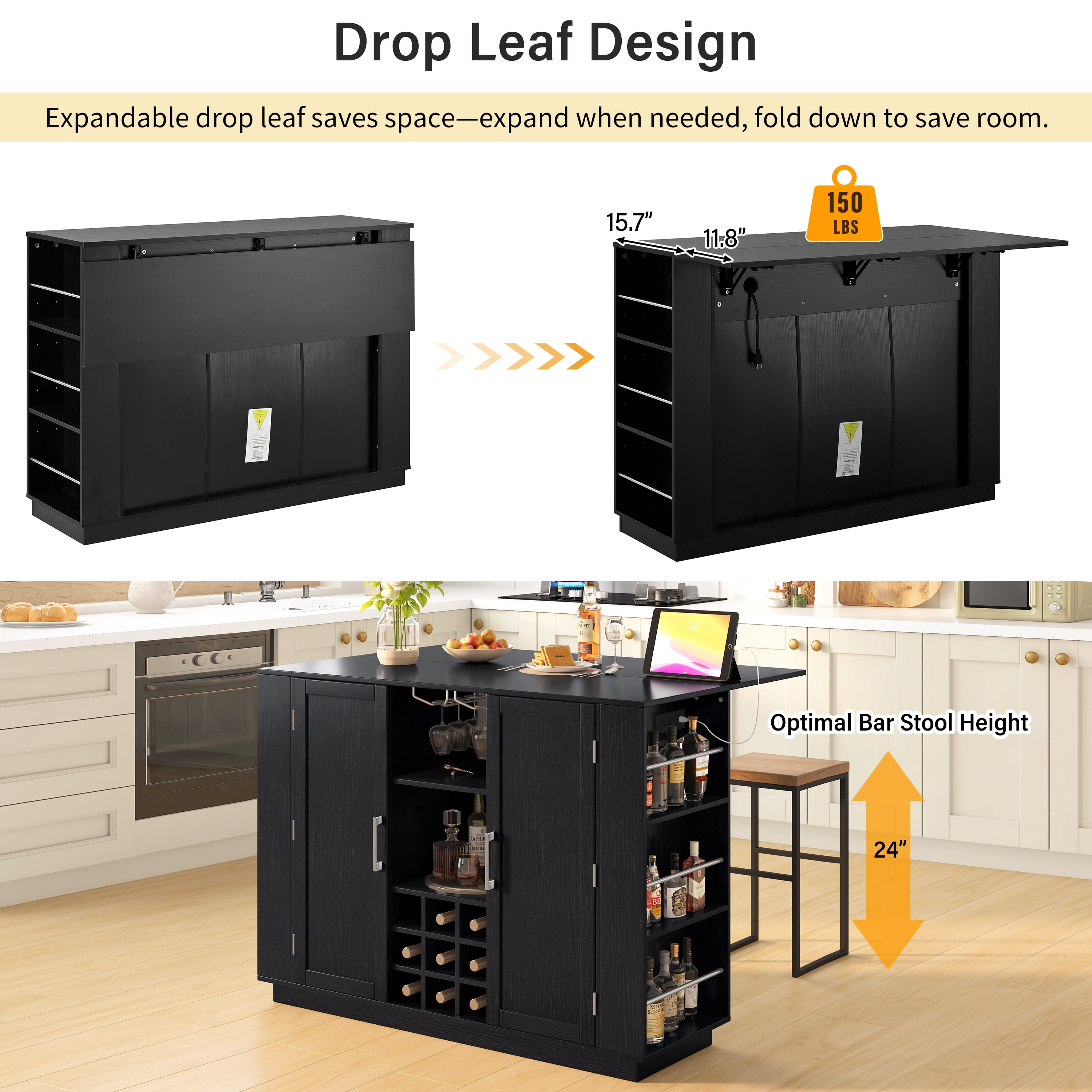 Mintazer Kitchen Island Bar Cabinet with Foldable Top & Power Outlet, Storage Freestanding Counter Wine Station with Wine Rack & 2 Door, Black (Chairs Not Included)