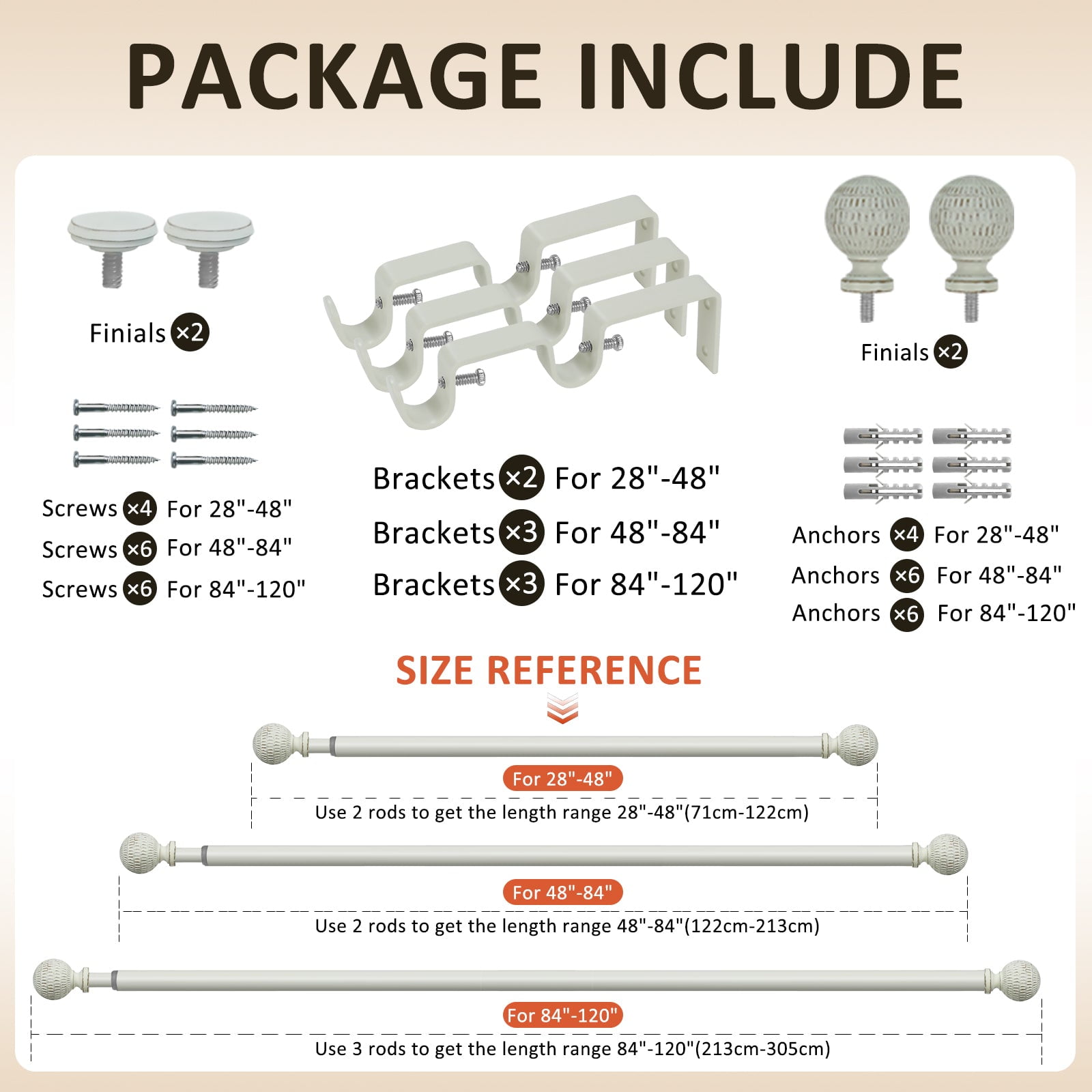Ridicili 5/8" Telescoping Double Curtain Rods with Reticulated Ball Finials, Weathered White, 84"-120", 5/8 Inches Front and 1/2 Inches Back Double Window Drapery Rod