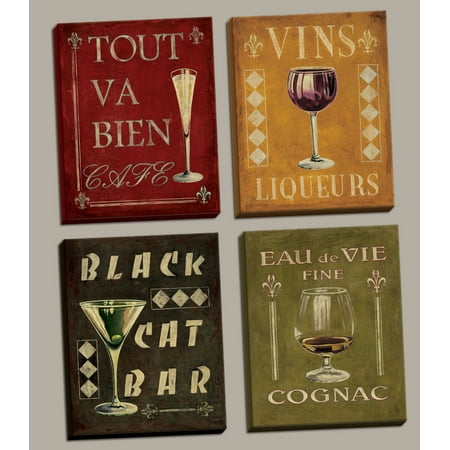4 Vintage Martini Wine Cocktail French Art Deco Bar Canvases, Four 8x10-Inch Hand-Stretched