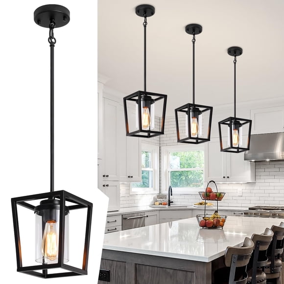 TOULMJ Black Pendant Lights Kitchen Island, Modern Lantern Pendant Light Fixtures, Farmhouse Kitchen Island Lighting Hanging Ceiling Light Fixture for Hallway Dining Room, UL-