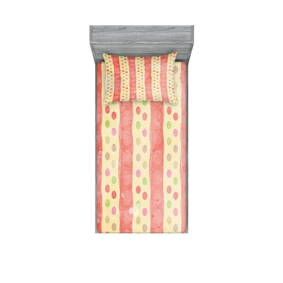 Ambesonne Retro Fitted Sheet & Pillow Sham Set, Nostalgic Stripes Dots, Twinxl, Pale Yellow Coral