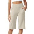 thumbnail image 2 of Petite Capri Shorts for Women Knee Length Stretch Bermuda Casual Long Shorts With Pockets Summer Outdoor Walking Lounge Gym Beige XL, 2 of 7