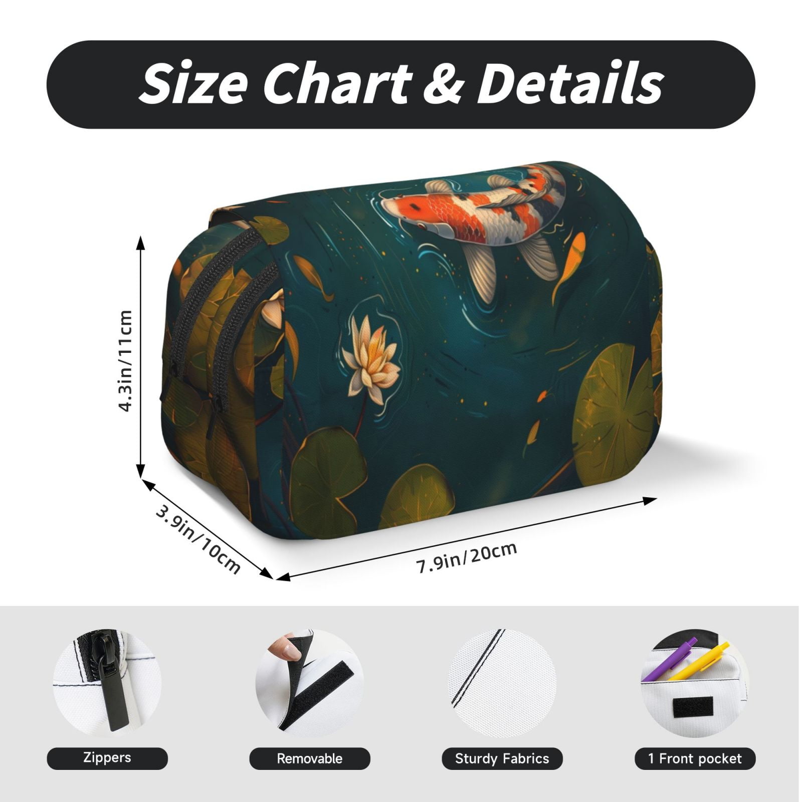 Rateoe Koi Pond Lilies Pattern Double Clamshell Pen Case, Storage Organizer with Two Zipper Compartments– Holds Up to 50 Pencils & Pens