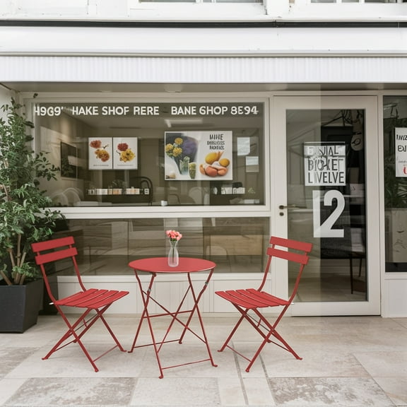 Premium Steel Patio Bistro Set, Folding Outdoor Patio Furniture Sets, 3 Piece Patio Set of Folding Patio Table and Chairs,Red