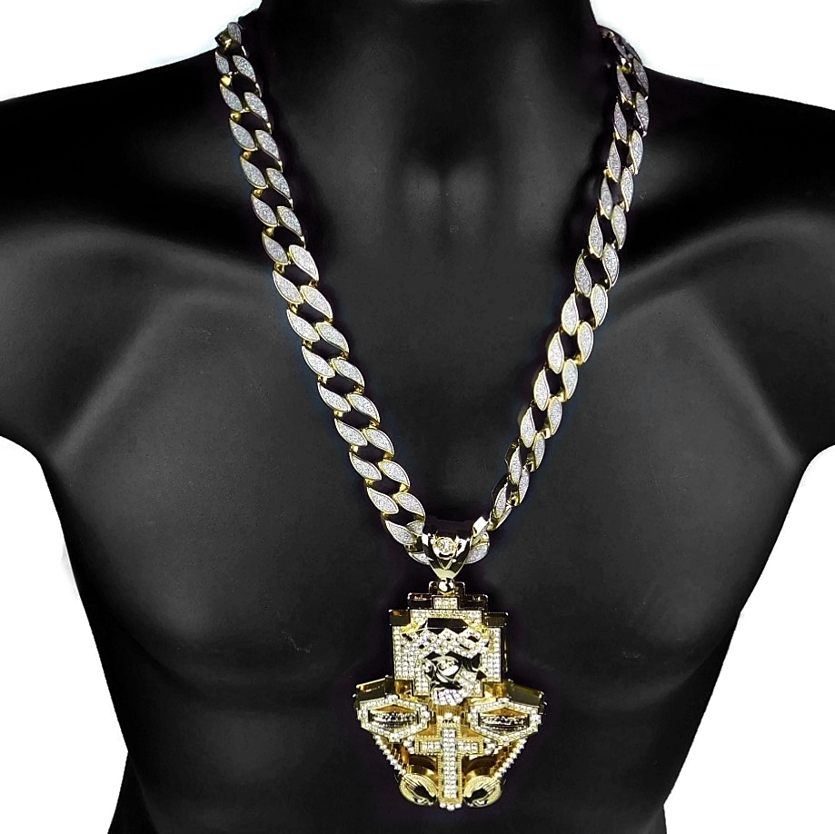 Huge Jesus Piece Chain Last Supper Cross 3D Combo Pendant Sand Blast Gold Finish 30" Inch Cuban Link Hip Hop Necklace - image 5 of 7