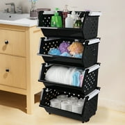 Ewingger 4-Pack Plastic Stacking Storage Basket, Stackable Organizer Baskets Bin, Black