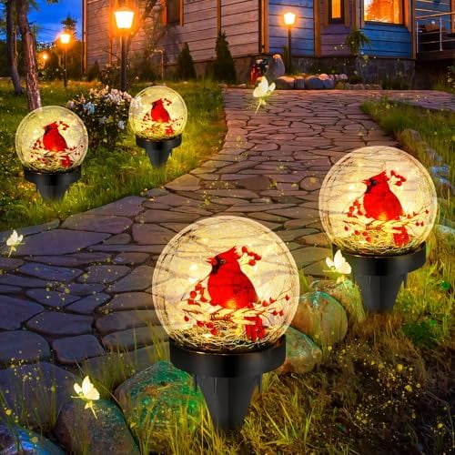 4 Pcs Cardinal Bird Solar Light Outdoor Glass Ball Red Bird Solar Globe Ground Lights Christmas Lawn Garden Pathway Yard Ornaments for Patio Porch Decorations Mom Gift$$Tools & Hardware Other
