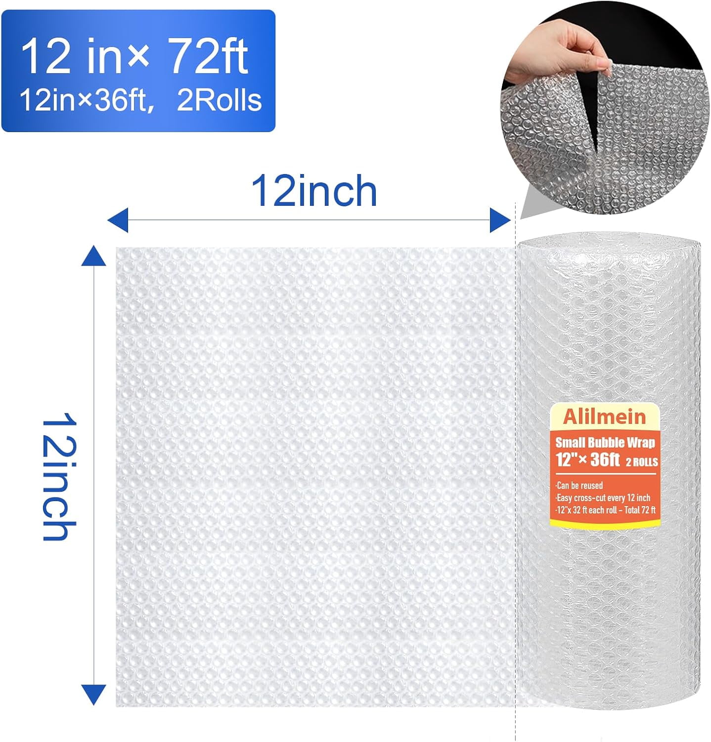 12-inch 72 feet-2 total small thin bubble cushion wrap, for extra protection of packaging mail, nylon wrap roll for moving and transporting cushion supplies, with a hole every 12 inches.