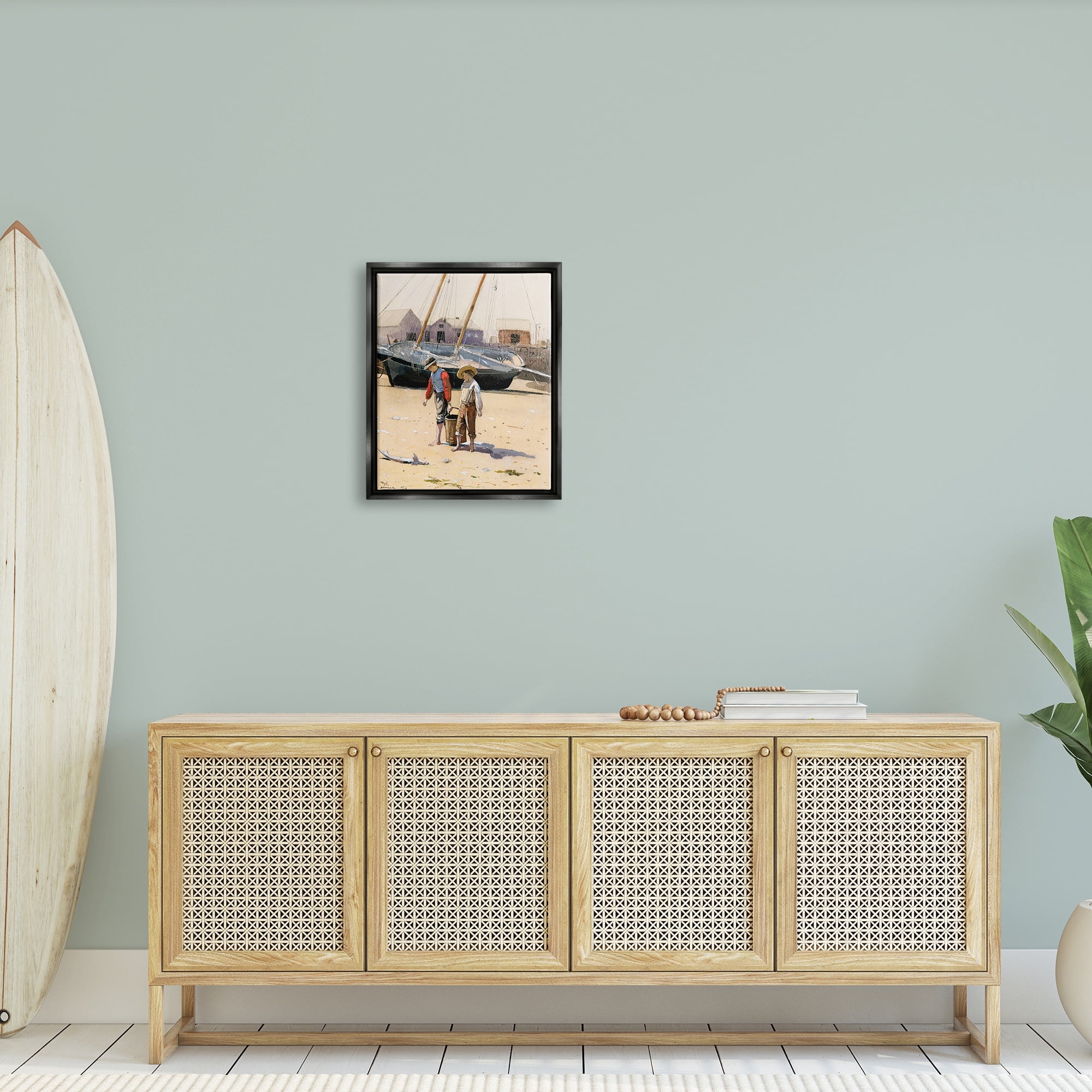 Stupell Industries Old Fashioned Man Woman Walking Beach Marina Painting Luster Gray Floating Framed Canvas Print Wall Art, Design by Lettered and Lined