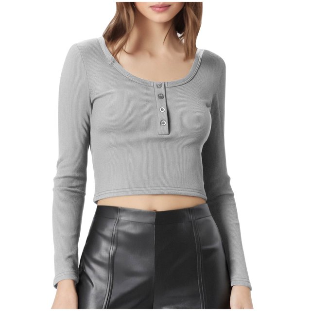Henley Shirts for Women Long Sleeve Crop Top Stretch Ribbed Knit Button Up Slim Fitted Tops Casual Basic Blouse 2025