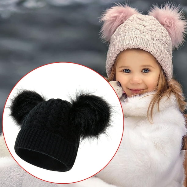 QunButy Bomber Hats Adult Kids Winter Hat Toddler Knitted Pom Beanie Hat  Cotton Lined Faux Cap Baby Girls Boys Hat