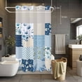 thumbnail image 4 of No Hook Blue Floral Shower Curtain with Snap in Liner Set, Spring Flowers Plants Patchwork Grid Bohemia Waterproof Fabric Bathroom Curtains with See Through Top Window, Hotel Style Stall 54 x 78 Inch, 4 of 6