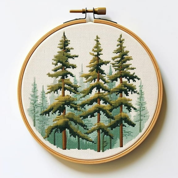 Pine Trees DIY Stamped Cross Stitch Kits for Beginners Easy with Hoop 11CT Needlepoint Embroidery Counted Cross Stitch Kits Art Craft Wall Decor and Gift 35x35cm(3)
