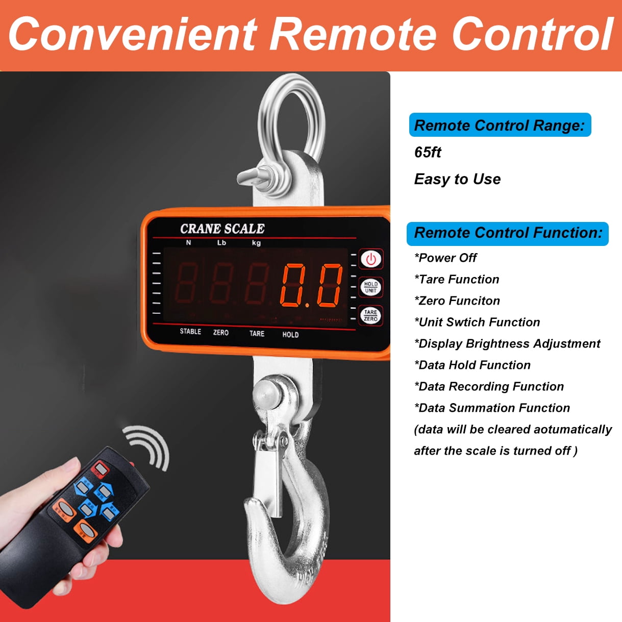 iMeshbean Portable Digital Crane Scale,High Precision 1000KG 2000LBS 1T Heavy Duty Industrial Digital Smart Hanging Scales Weighing Hook LED Display with Remote for Fishing Cattle Bow Caps Luggage