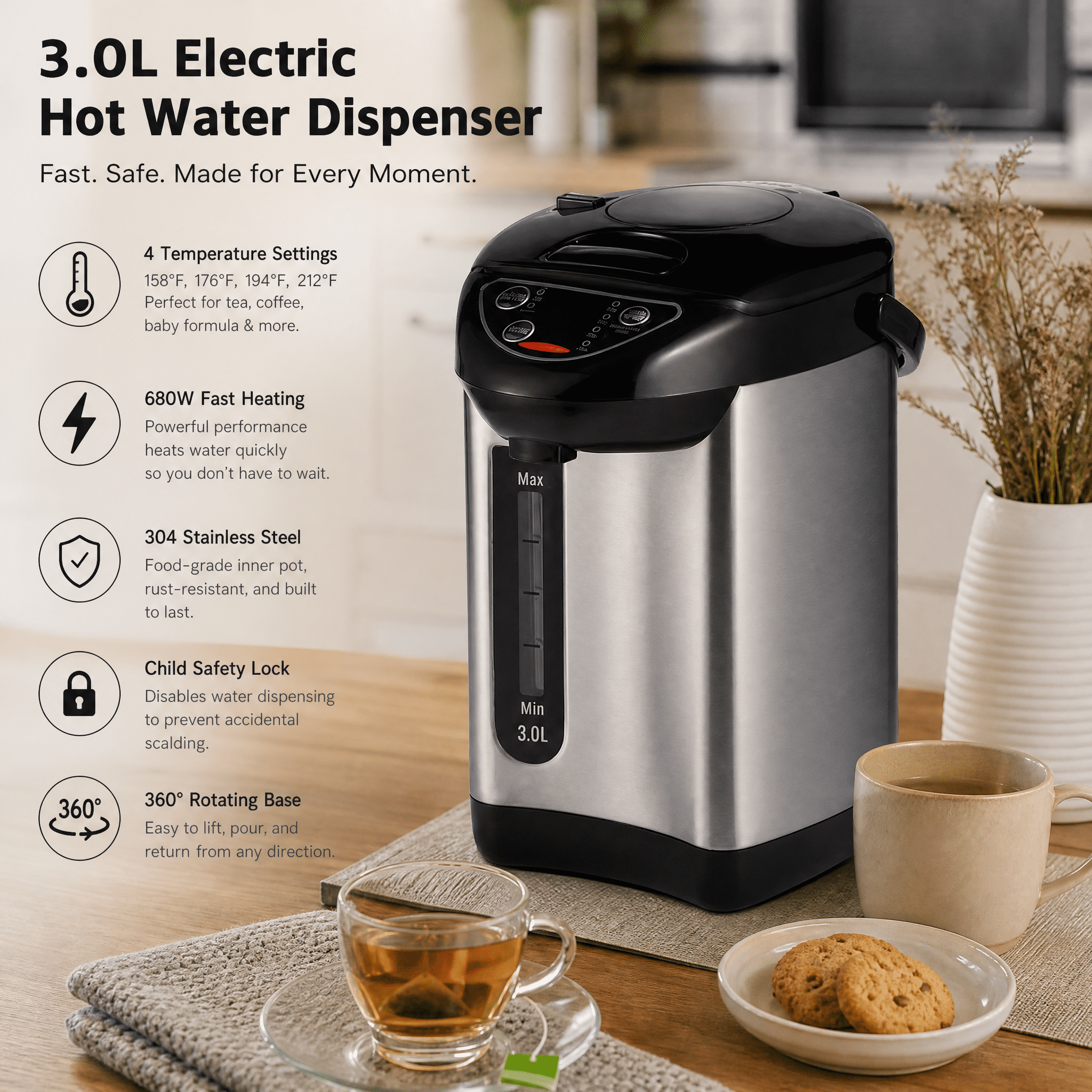 3L Hot Water Dispenser with 4 Temperature Settings, 680W Fast Heating, 304 Stainless Steel, Child Lock, 360° Base for Tea Coffee Milk