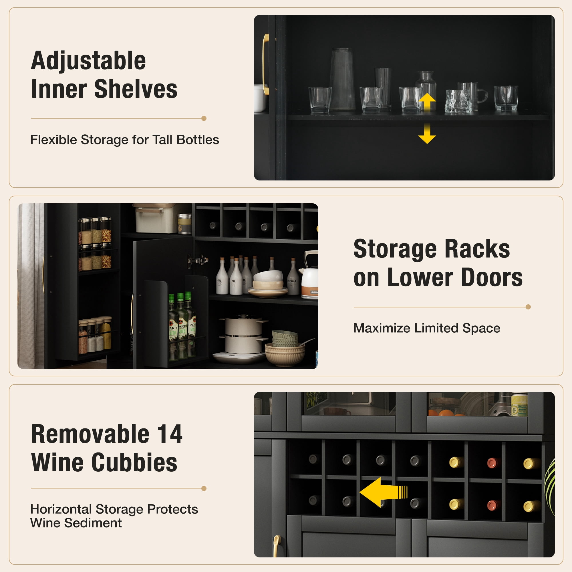 Euroco 70" Tall Wine Bar Cabinet with Glass Doors,Modern Coffee Liquor Cabinet with Removable 14-Bottle Wine Rack & Built-in Door Shelves,Large Pantry Cabinet for for Kitchen Dining Room,Black