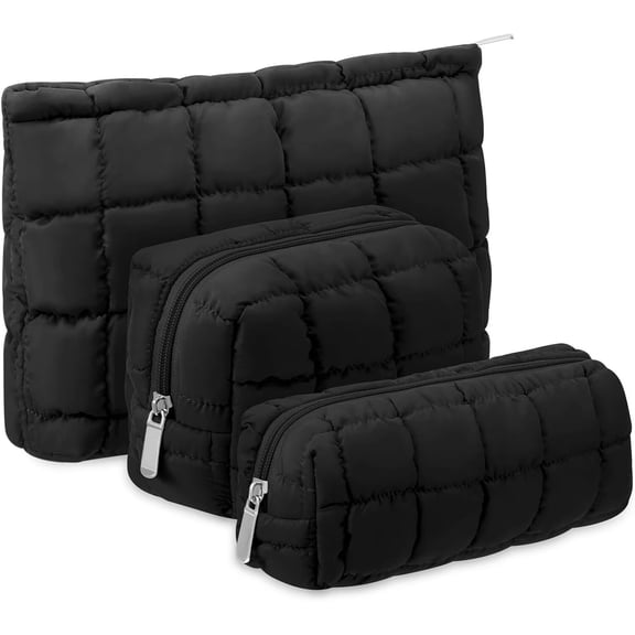 Pakyozj 3 Pcs Puffy Makeup Bag Quilted Cosmetic Pouch for Women Cute Checkered Travel Toiletry Bag Puffer Makeup Organizer Purse Pouch Preppy Pencil Case with Zipper