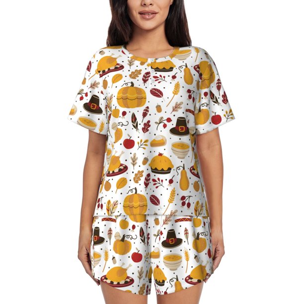 Fotbe Thanksgiving Conjunto de Pijama Estampado para Mujer, 2 Piezas, Ropa de Dormir con Camiseta de Manga Corta y Shorts Suaves-Medium