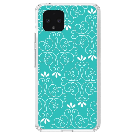 DistinctInk Clear Shockproof Hybrid Case for Google Pixel 4 XL (6.3" Screen) - TPU Bumper, Acrylic Back, Tempered Glass Screen Protector - Teal White Floral